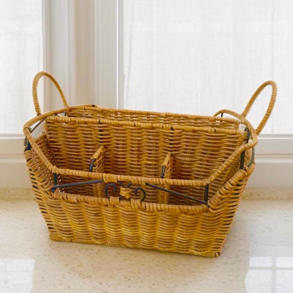 Wicker/ Iron Flatware Utensil Basket